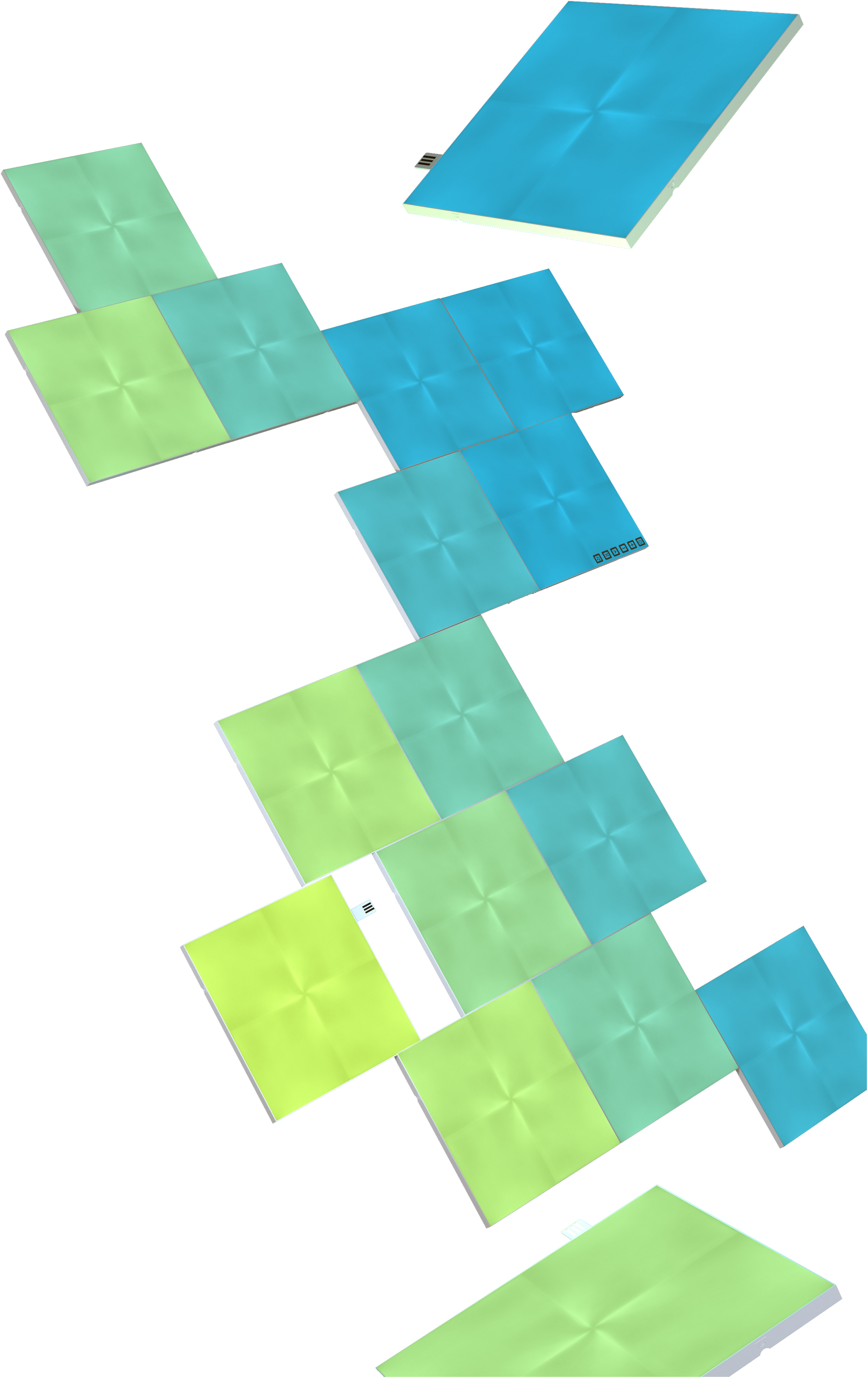 Anordnung von grünen und blauen quadratischen Paneelen. Die Paneele sind diagonal im Zickzack angeordnet.