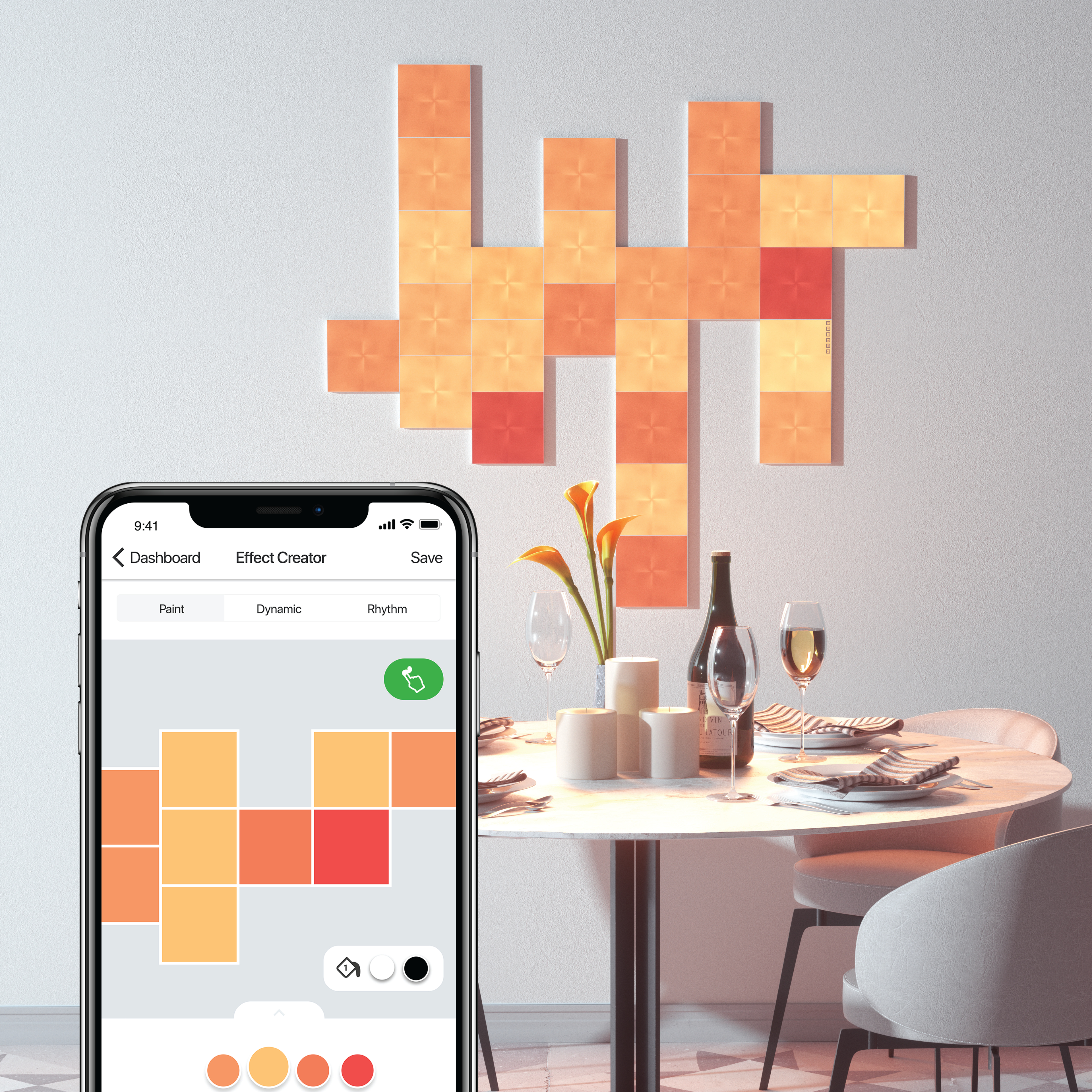 Modernes Esszimmer mit intelligenten Lichtern. Telefon-App steuert die Lichter. Tisch gedeckt, Weingläser und Blumen.