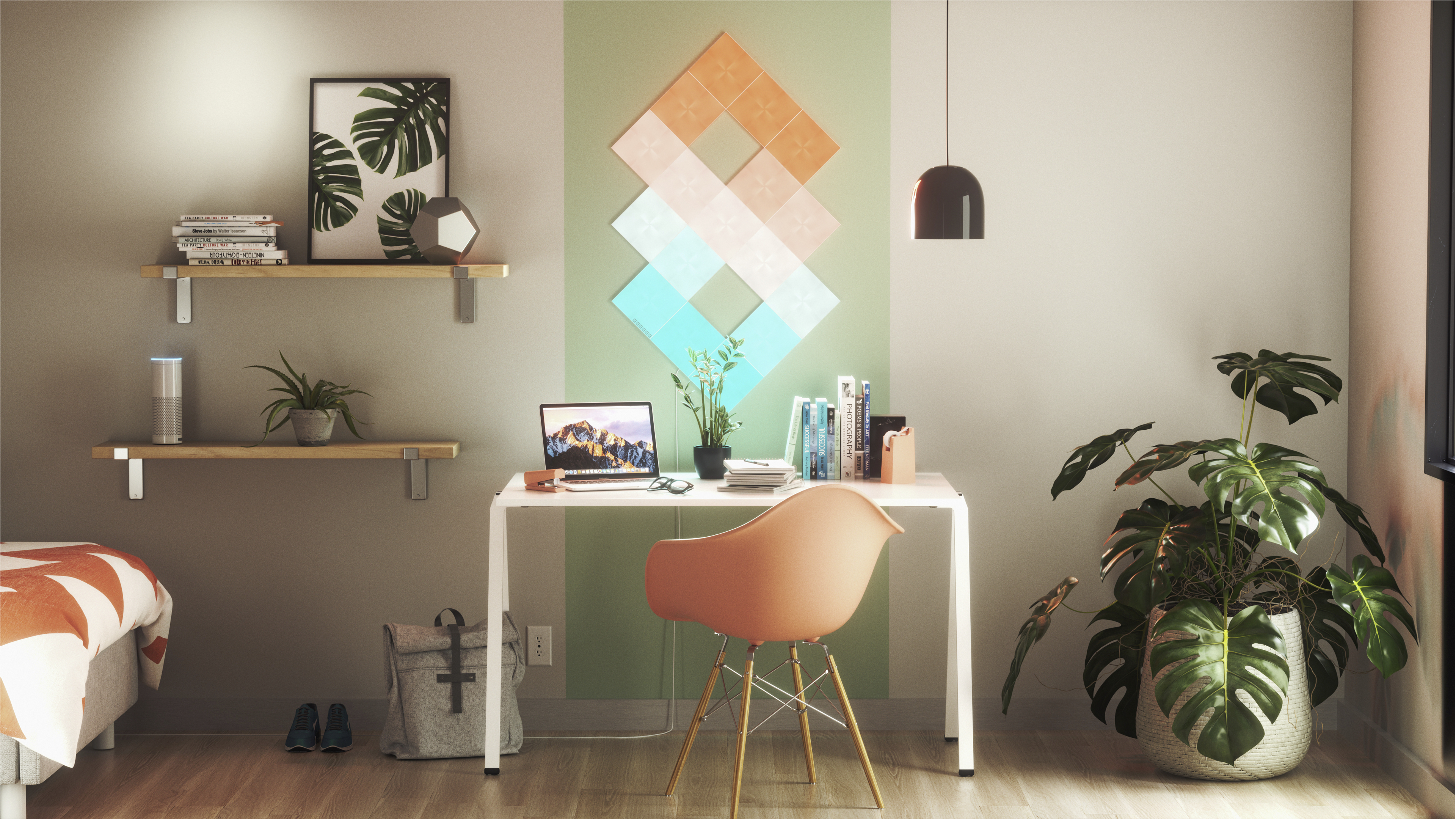 Ein moderner Bürotisch mit Pflanze, Laptop, Büchern und Stuhl. Andere Pflanzen und ein Bett sichtbar.