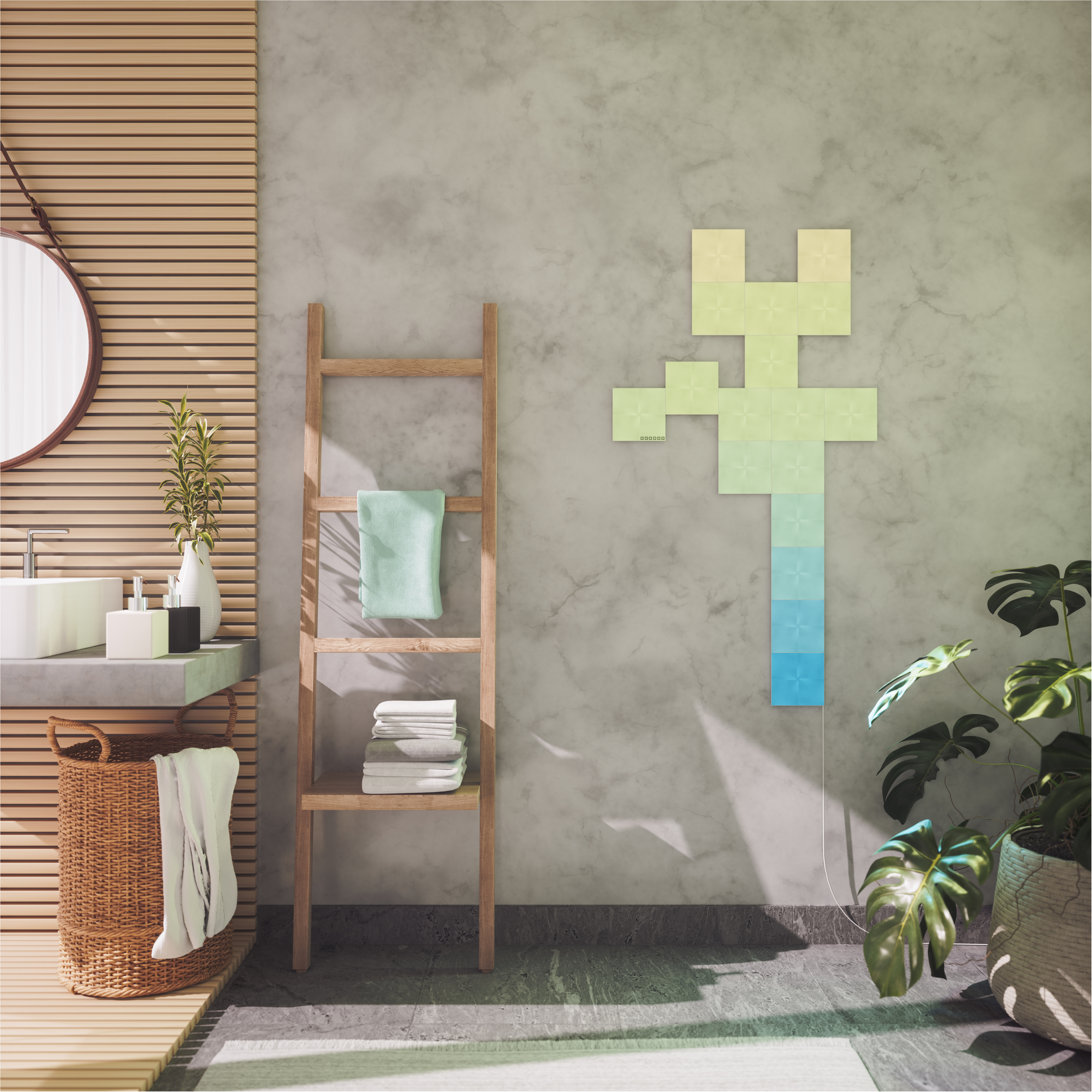 Badezimmer mit intelligenten Lichtern. Holzleiter, Handtücher, Spiegel und Pflanze. Grün-blaue Hexagon-Lichter.