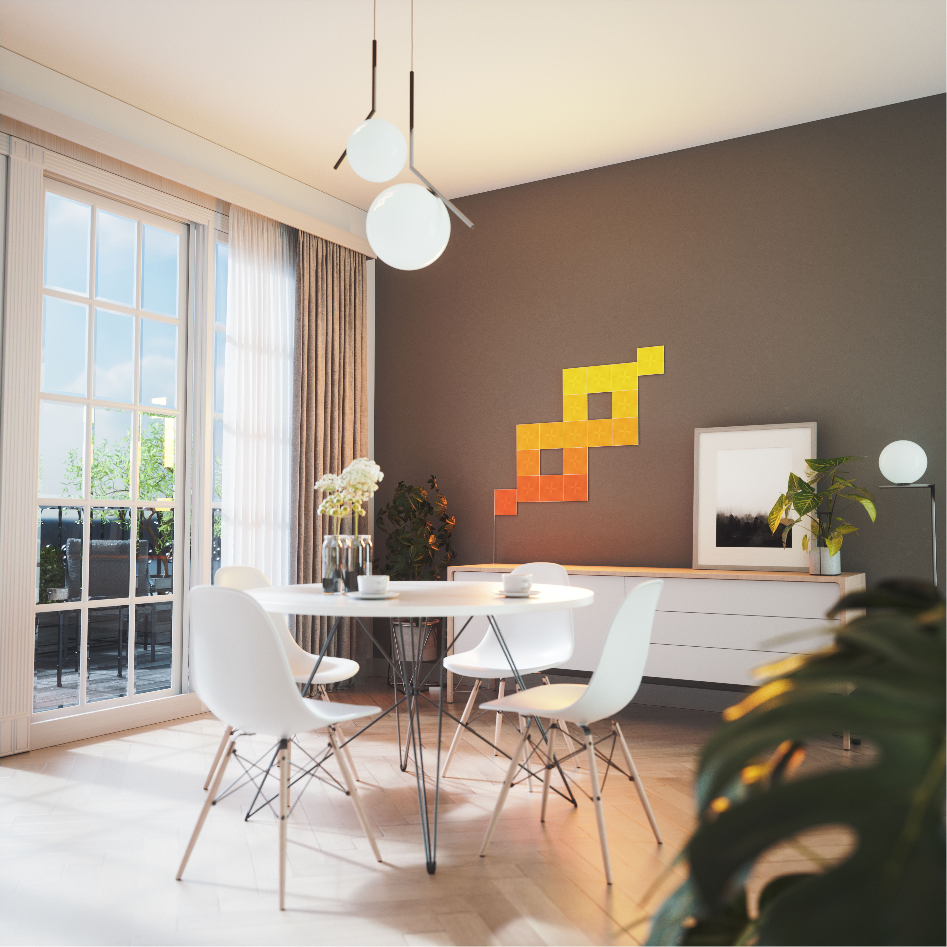 Esszimmer mit intelligenten Lichtern. Weißer Tisch, Stühle, Blumen. Kunstwerk und weißer Schrank. Modernes Design.