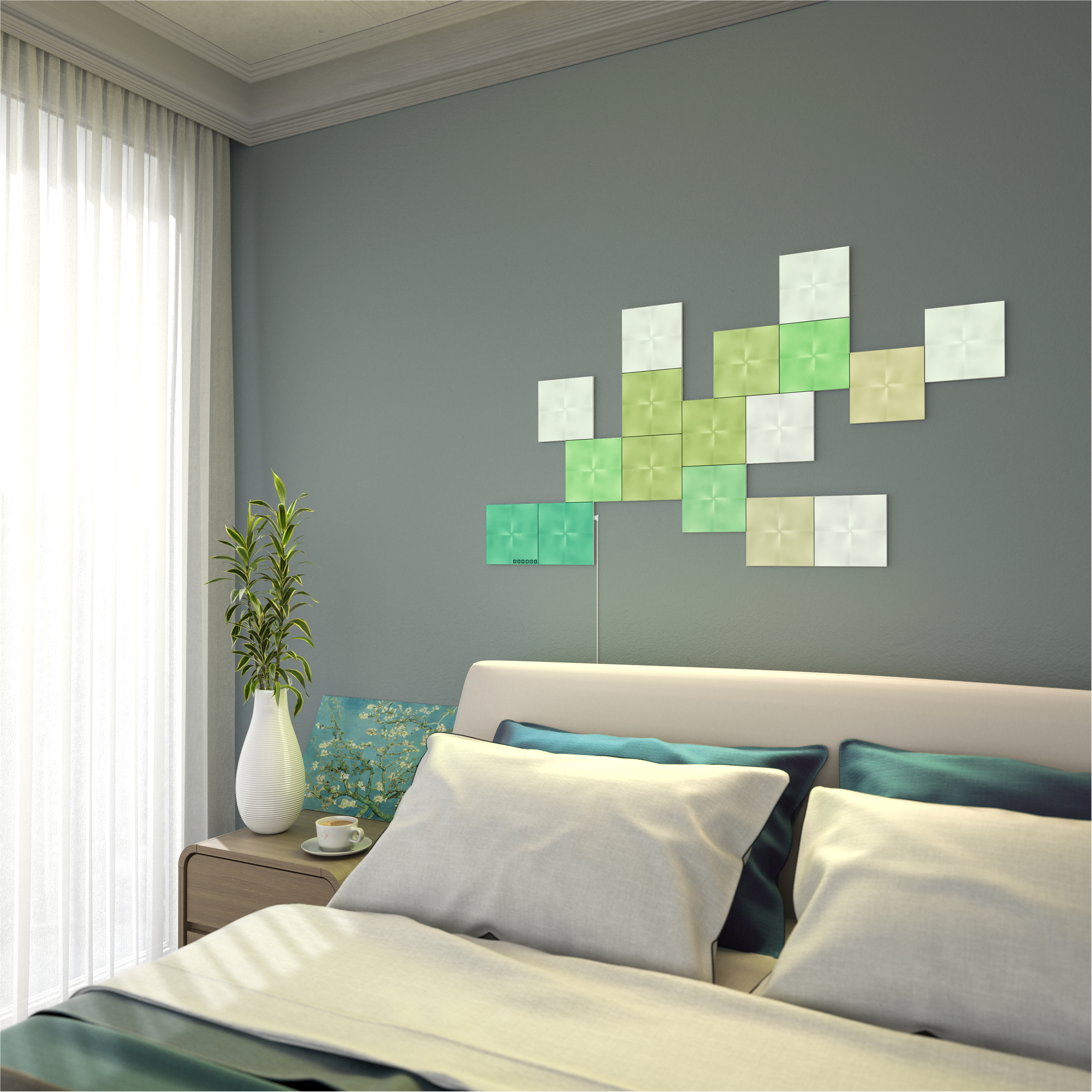 Schlafzimmer mit grüner Wand, Bett und geometrischen Lichtern. Es gibt eine Vase, eine Tasse und ein Fenster mit Vorhang.