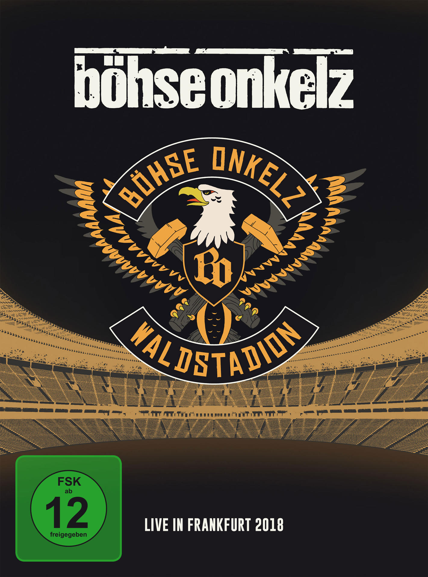 Albumcover: Böhse Onkelz Logo, Adler mit Hämmern, auf schwarzem Hintergrund. 'Waldstadion' Text.