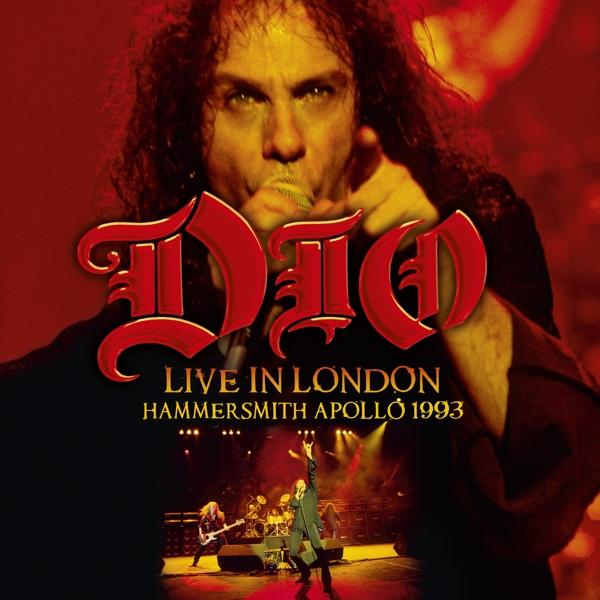 Dio-Albumcover. Dio mit Mikrofon, rotes Logo, „Live in London“. Band auf der Bühne im Hintergrund.