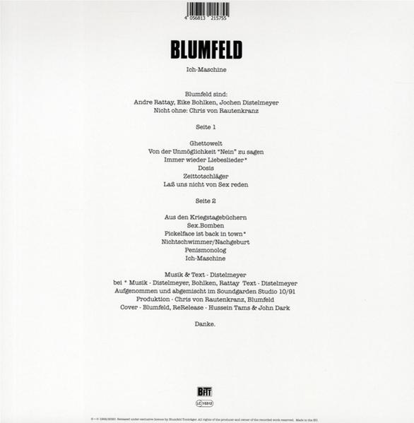 Rückseite einer Schallplatte mit Text, Titelliste und Credits. Weißer Hintergrund.