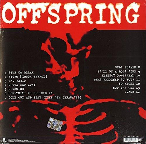 A The Offspring albumjának hátlapja, a számok listájával egy piros-fekete csontváz grafikán.