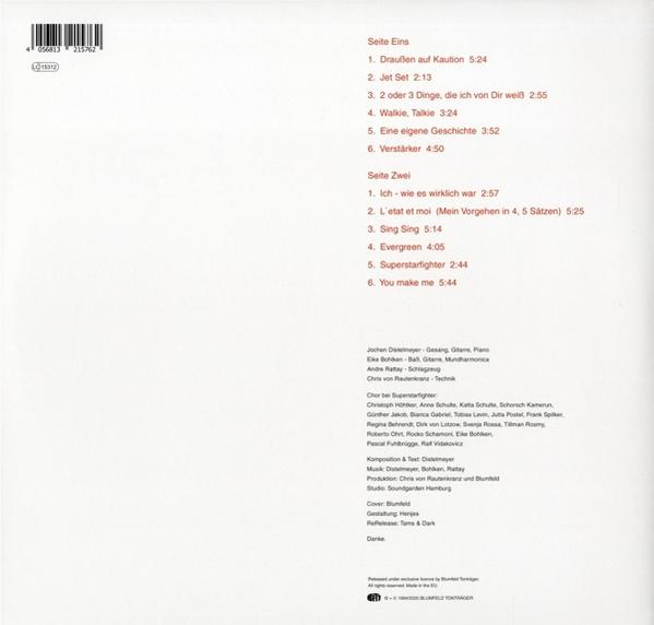 Rückseite einer Schallplatte mit Trackliste und Credits in Rot und Weiß gedruckt.
