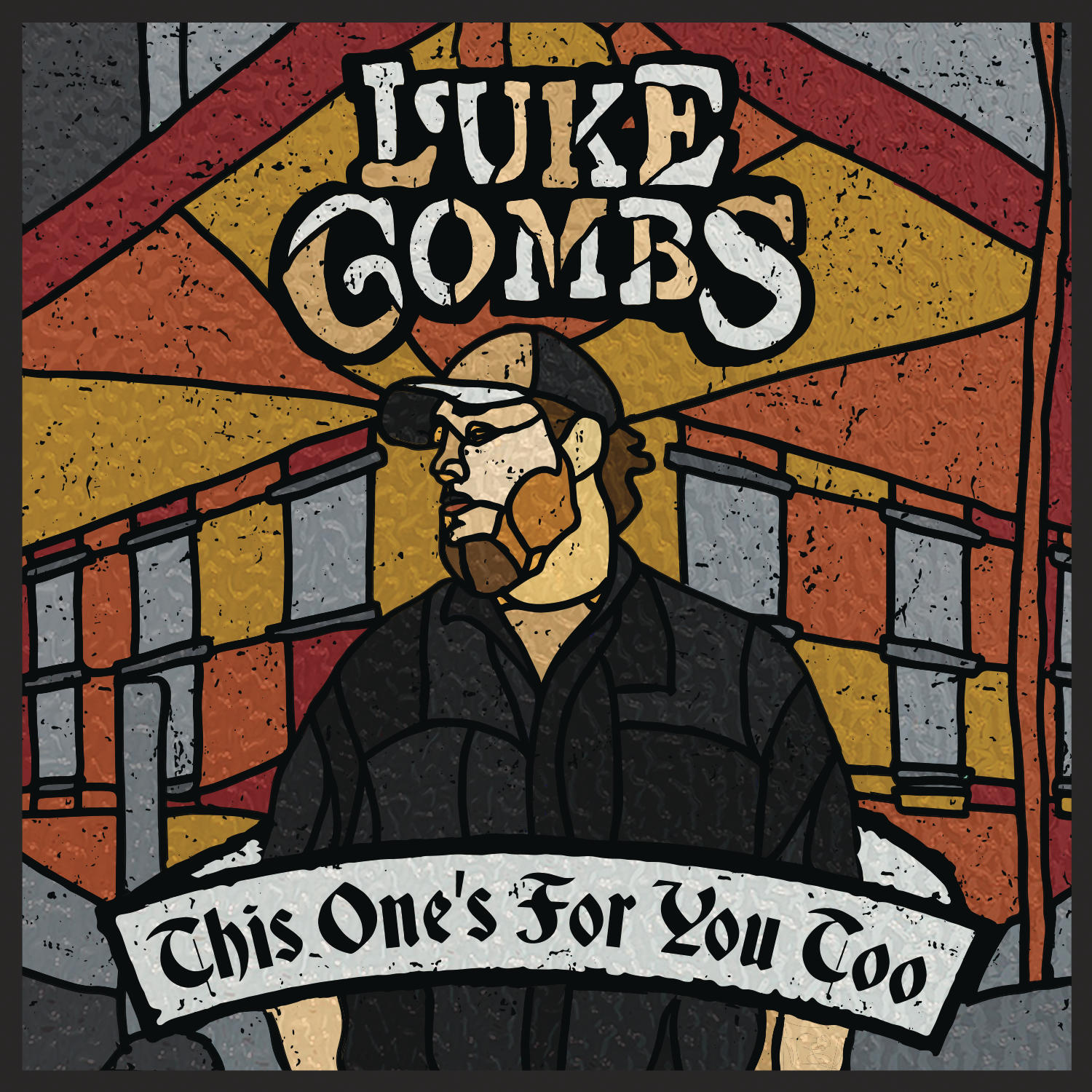 Albumcover mit Luke Combs, schwarzem Hemd, Mütze und Bart. Der Hintergrund ist Buntglas.