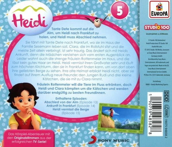 Die Rückseite einer Heidi DVD-Hülle. Enthält Text über die Geschichte, Bilder und Branding.
