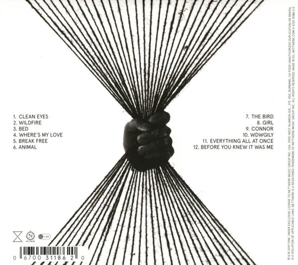 Albumcover mit schwarzer Hand, die Saiten hält. Songtitel sind aufgelistet. Weißer Hintergrund.