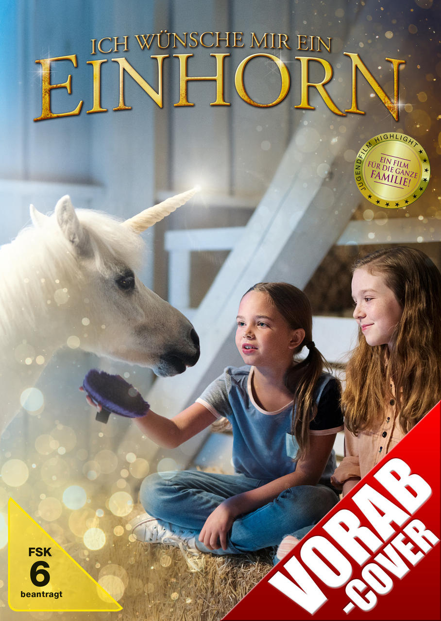 Ein Filmcover mit einem Einhorn und zwei Mädchen.