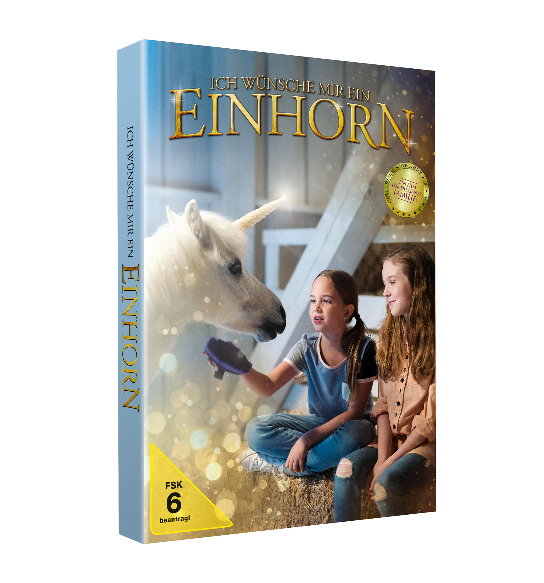 Eine DVD-Hülle mit einem Einhorn auf dem Cover. Es gibt zwei Mädchen und Text auf Deutsch.