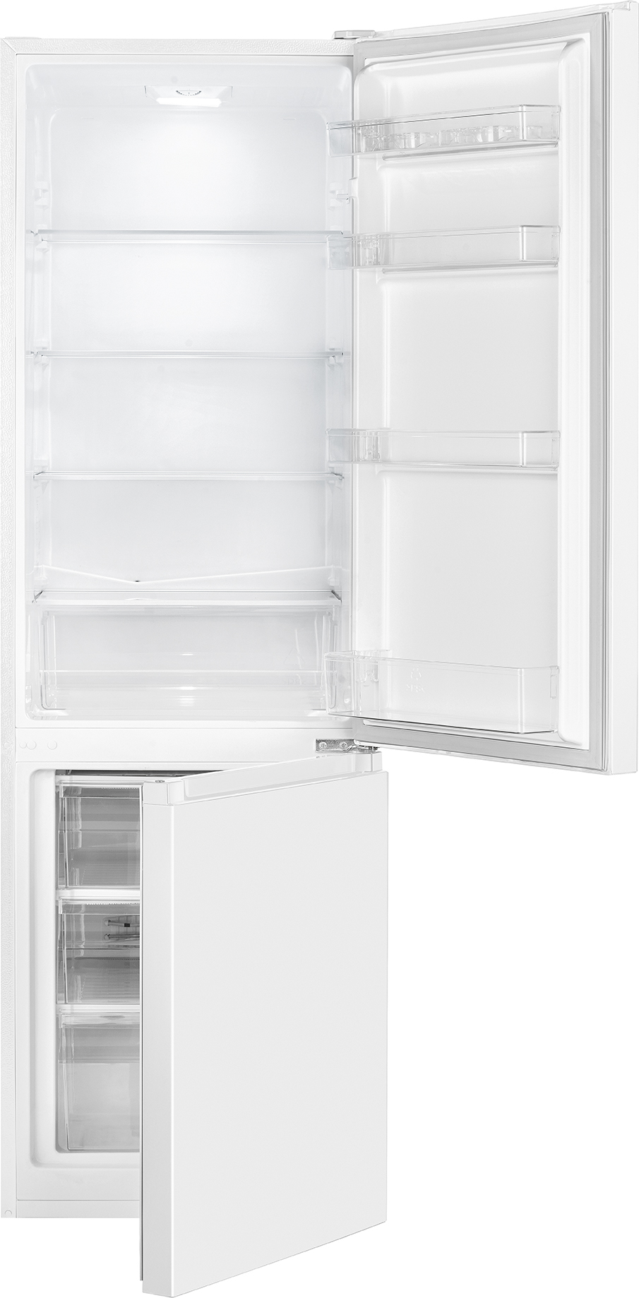 Weißer Kühlschrank mit geöffneten Türen, die Regale und Fächer zeigen.