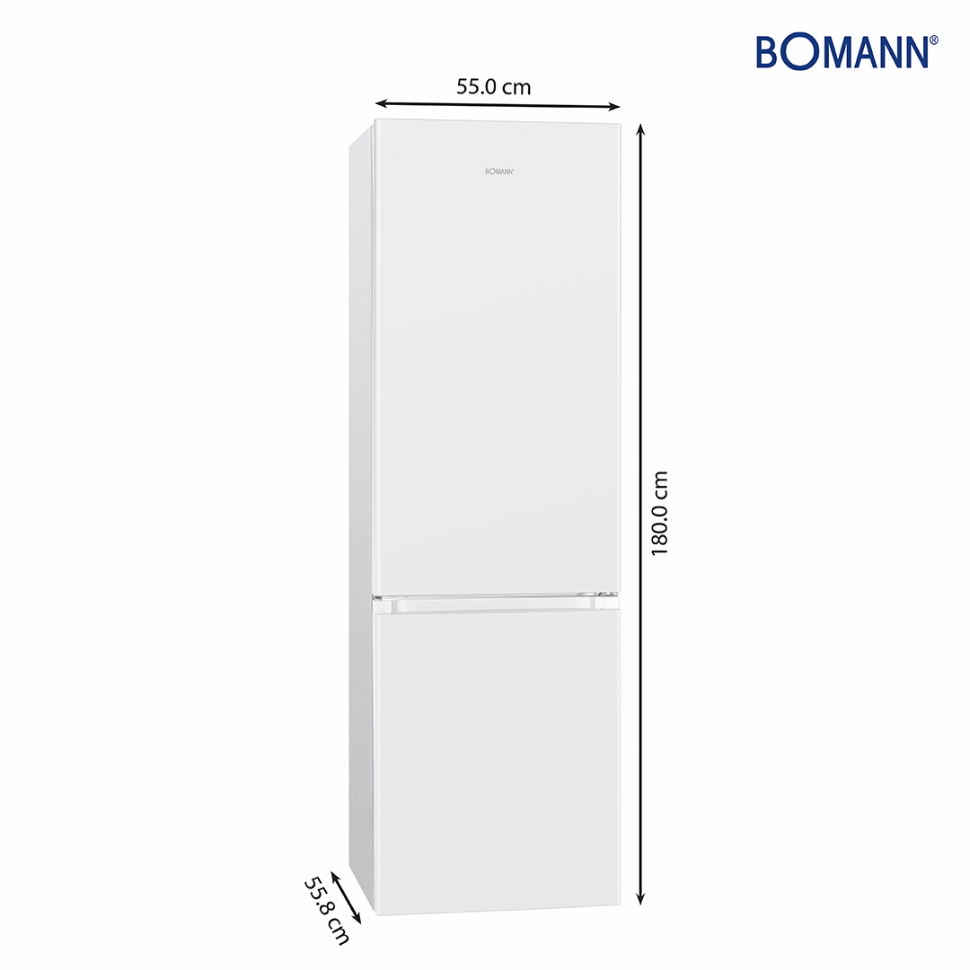 Ein weißer Bomann-Kühlschrank mit in Zentimetern angezeigten Abmessungen.