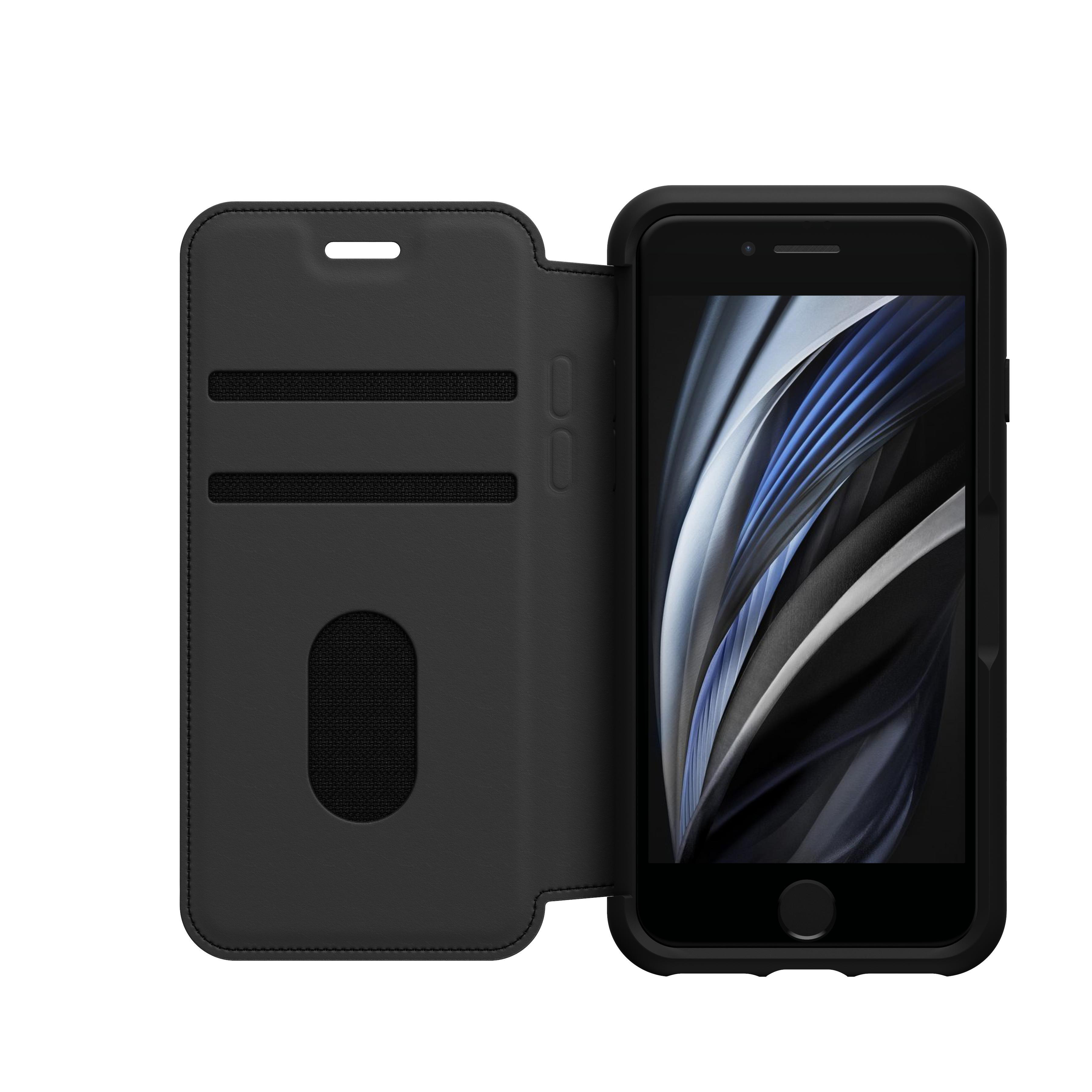 Schwarzes Telefon in einer offenen schwarzen Folio-Hülle. Die Hülle hat Kartenfächer.
