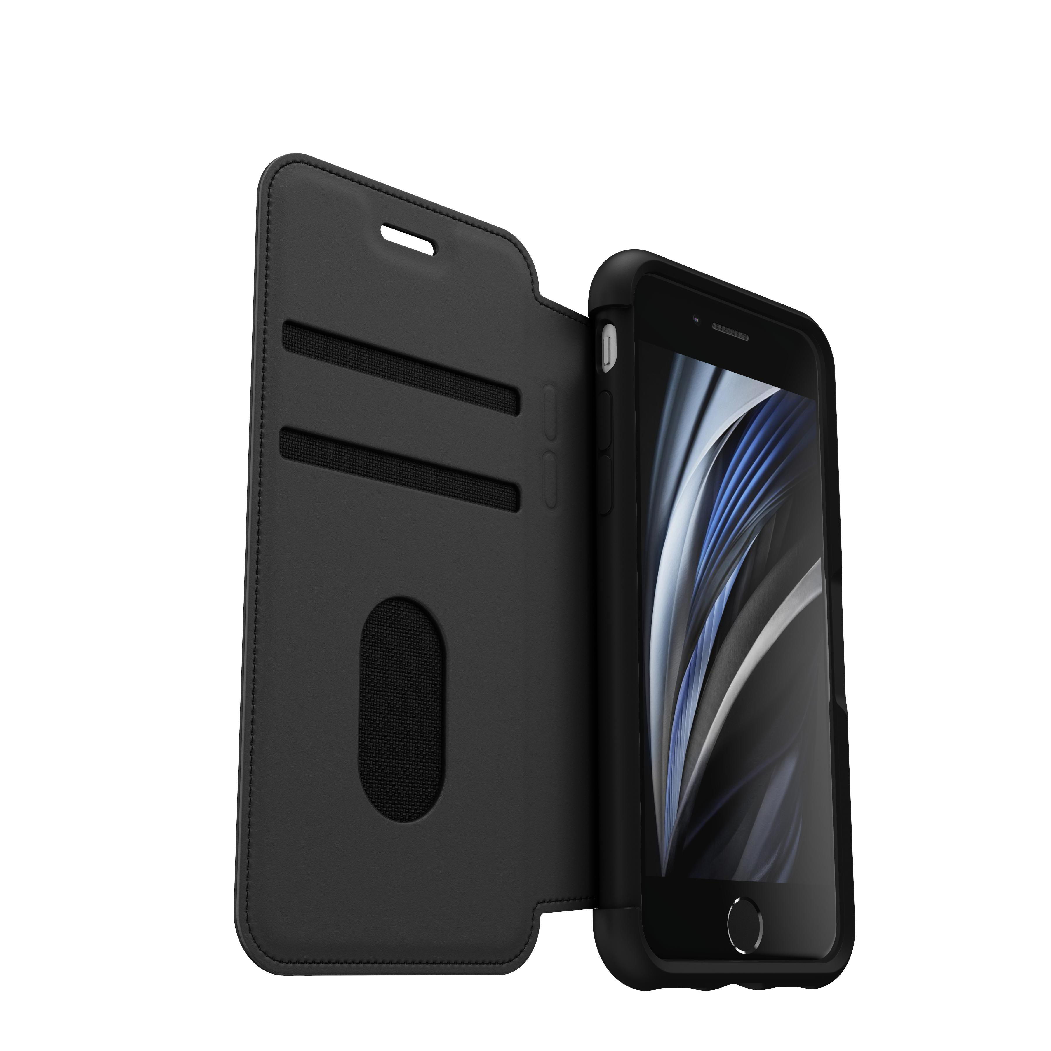 Schwarzes iPhone in einer schwarzen Klapphülle, geöffnet. Zeigt den Bildschirm.