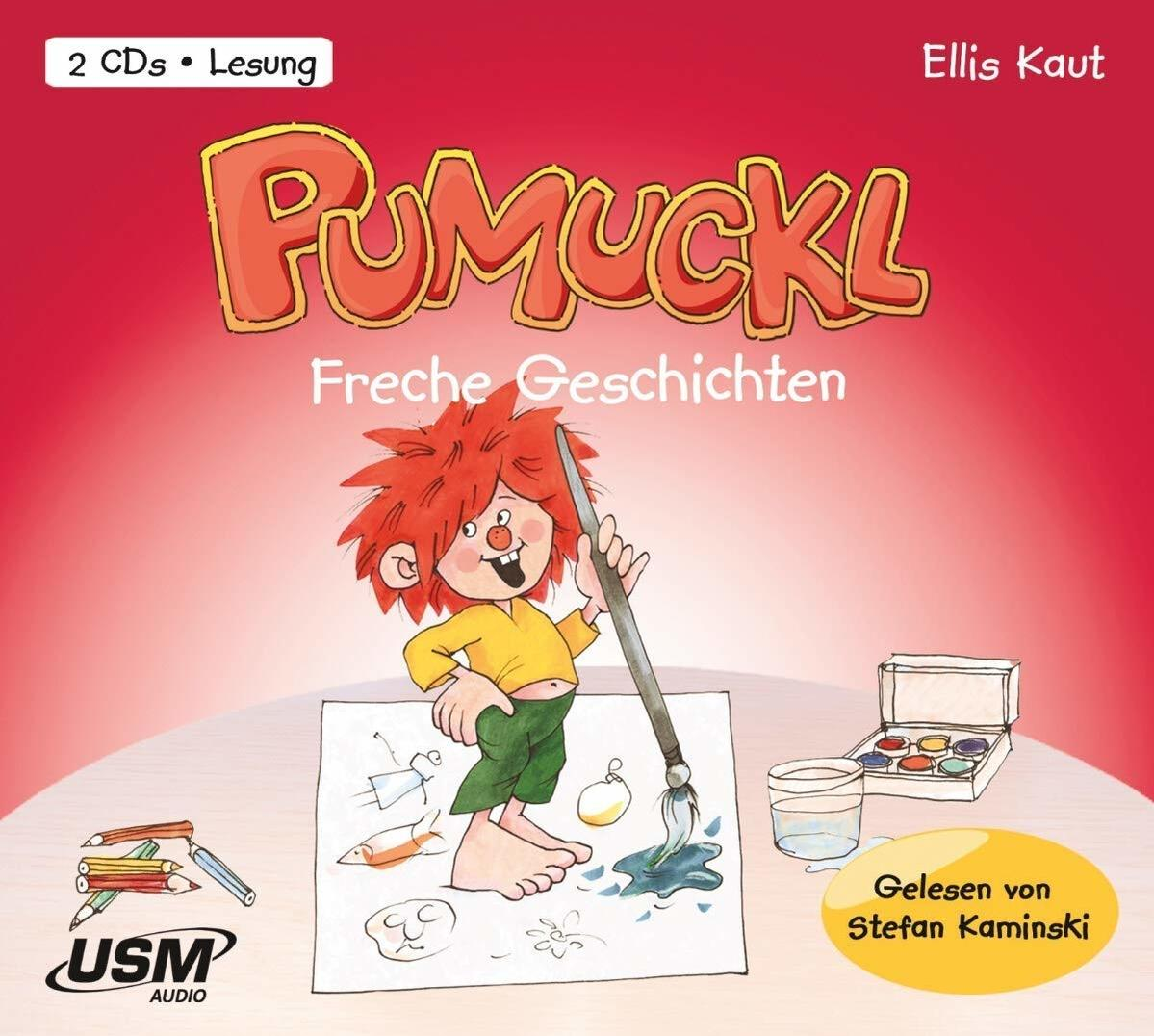 Buchcover: Cartoon-Junge zeichnet. Titel: 'Pumuckl Freche Geschichten'. Andere Texte und Logos sind ebenfalls sichtbar.