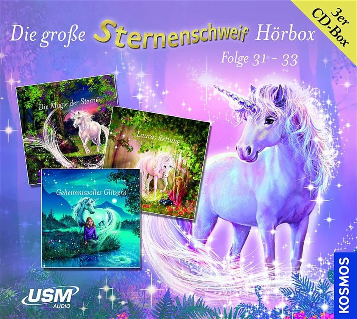 Ein Einhorn mit drei Buchcovern, ein Fantasy-Kunstwerk für ein Kinderhörbuch.
