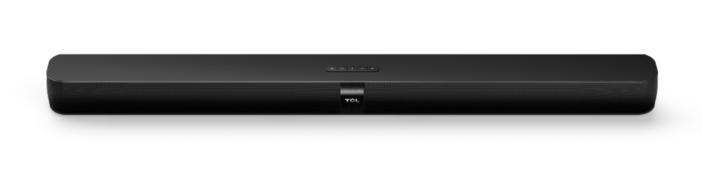 Barra de sonido negra, forma rectangular, con algunos botones y el logotipo de TCL.
