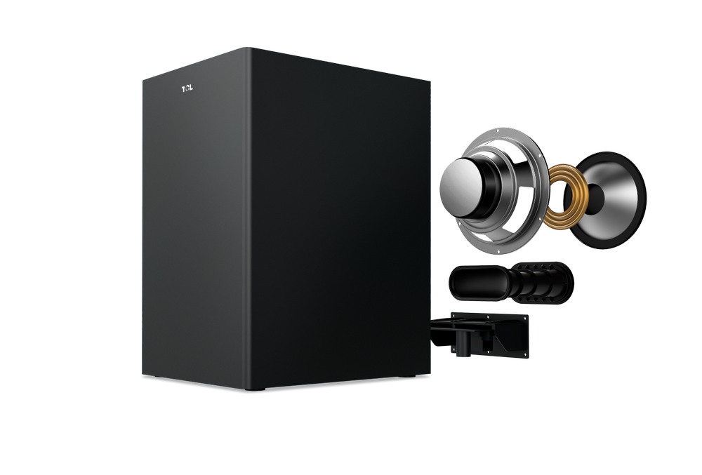 Subwoofer negro con un altavoz y componentes internos que se muestran. Cuenta con un logotipo de TCL.