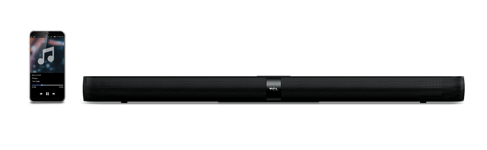 Una barra de sonido negra con un teléfono que muestra una aplicación de música. Fondo negro.