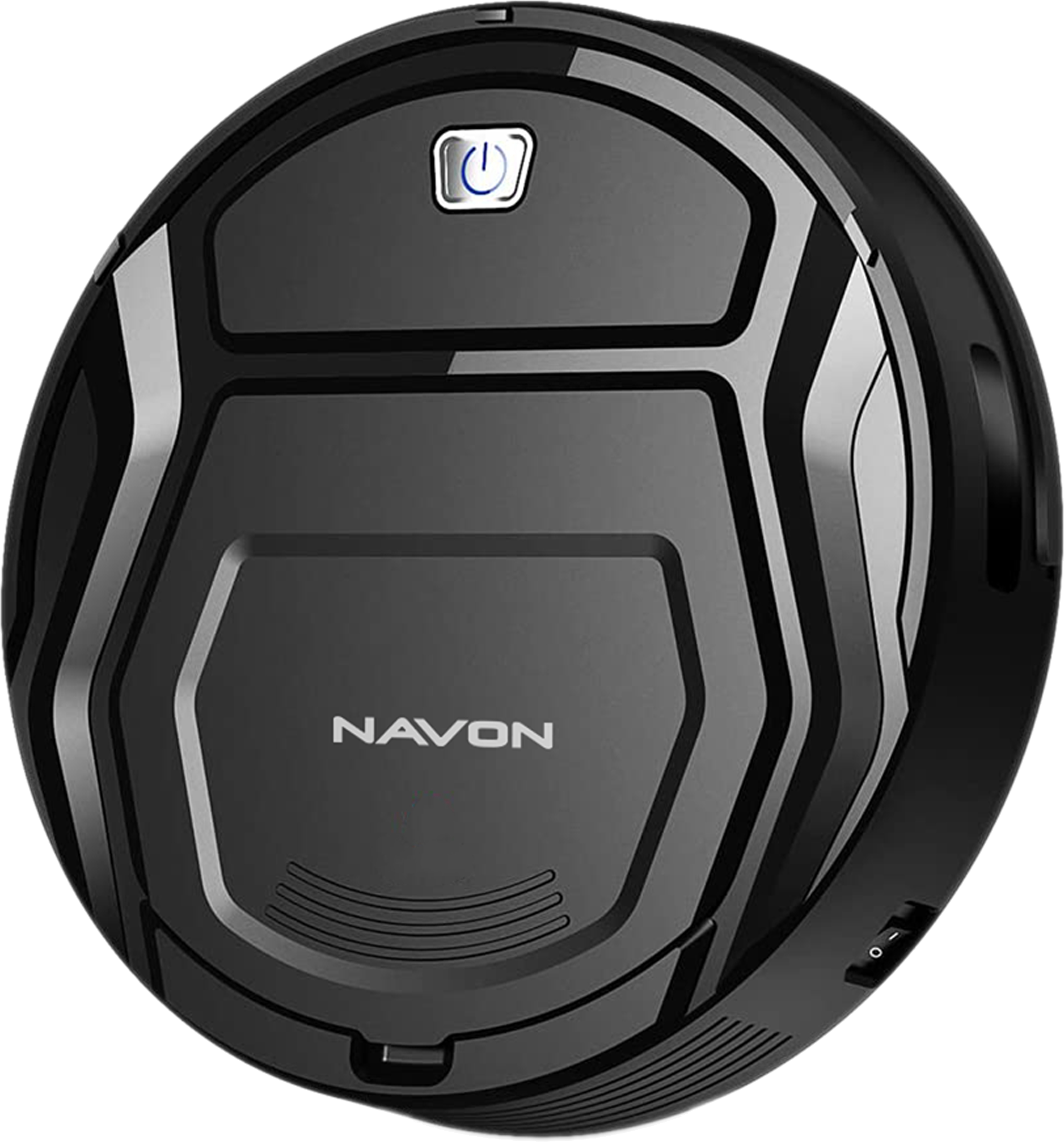 Fekete, kerek robotporszívó NAVON logóval és bekapcsológombbal.