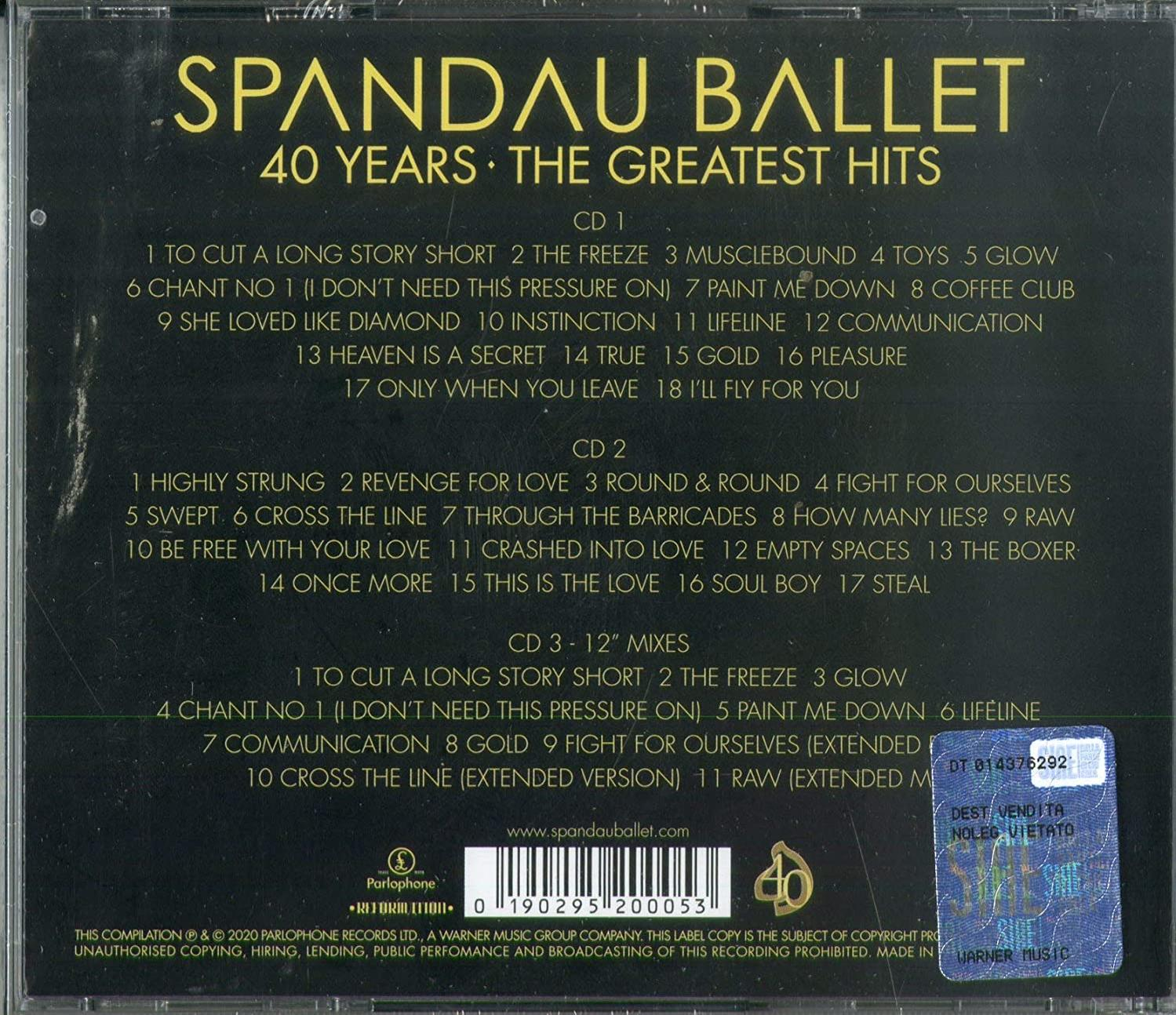 Rückseite einer CD mit den größten Hits von Spandau Ballet mit Trackliste und Logo.