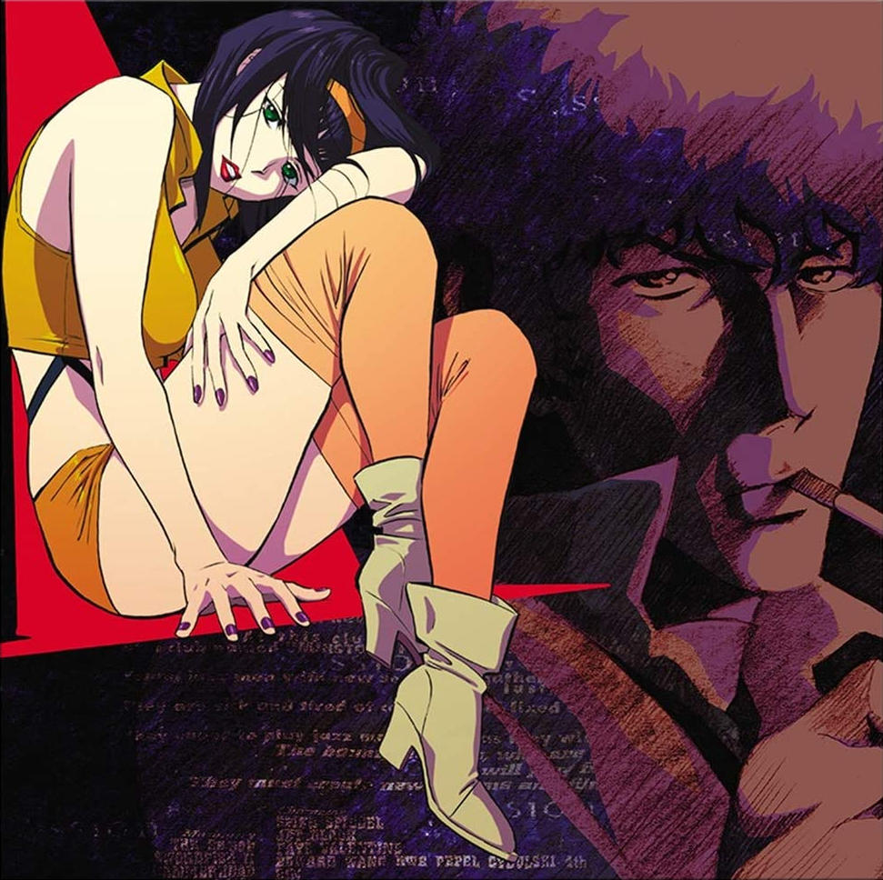 Anime lány ül keresztbe tett lábakkal. Férfi cigarettázik a háttérben. Piros és lila tónusok.