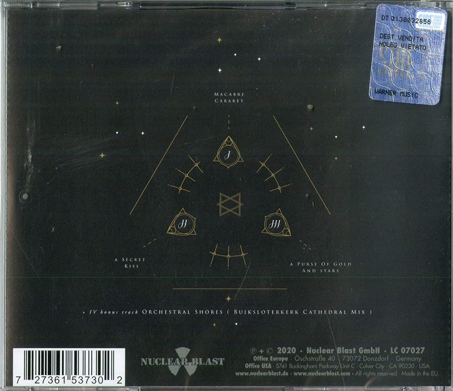 Rückseite einer CD-Hülle mit dunklem Hintergrund und goldenen Symbolen und Text, Label ist „Nuclear Blast“.