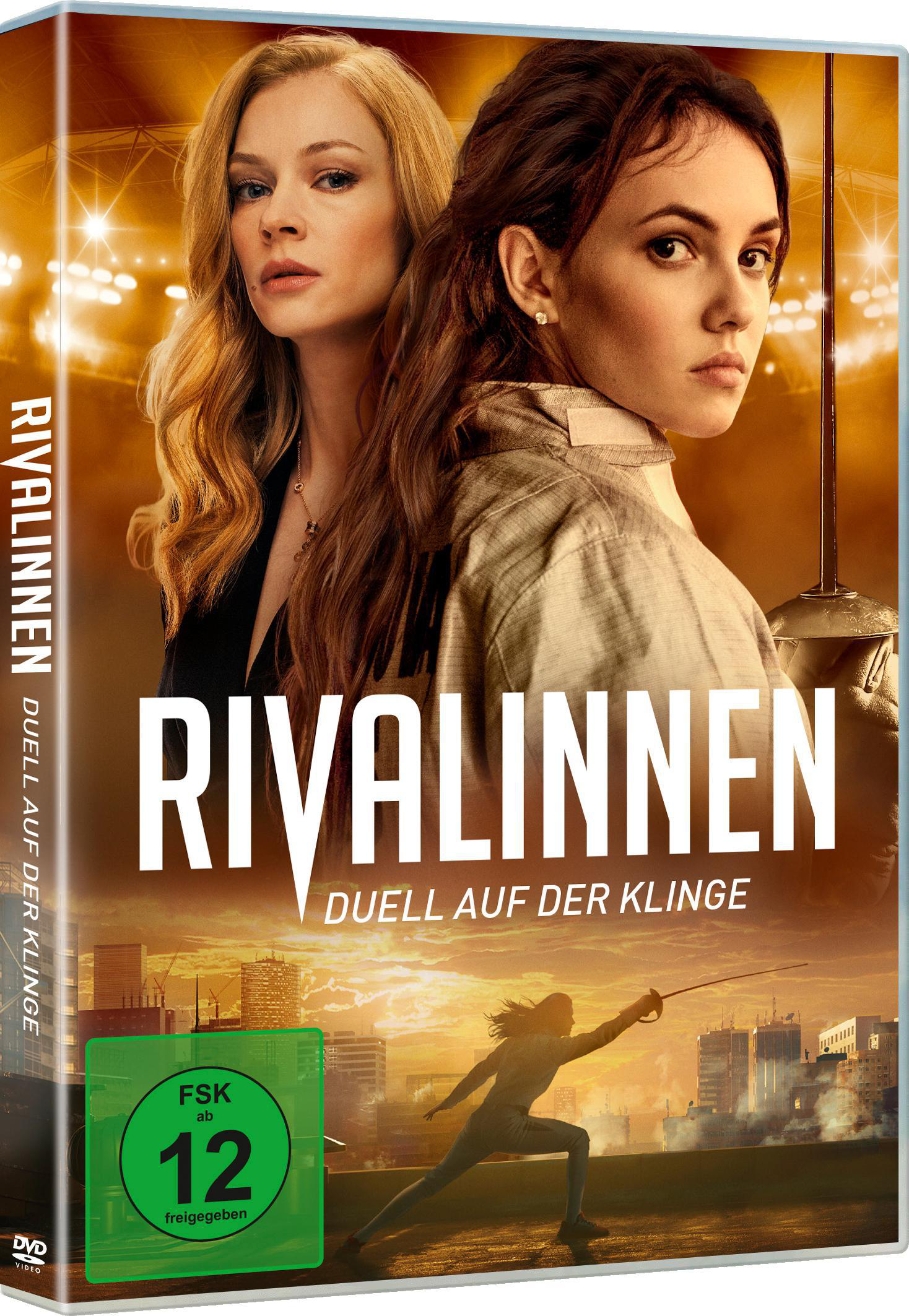 DVD-Cover: Zwei Frauen blicken nach vorne, eine mit blonden Haaren, die andere mit braunen. Titel: Rivalinnen, mit Fechtszene.