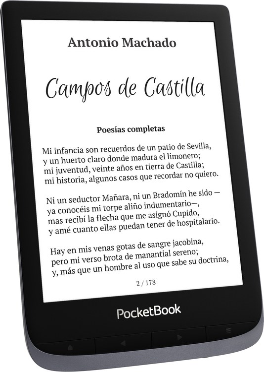 Lector electrónico mostrando texto. Muestra una página de 'Campos de Castilla' de Machado.