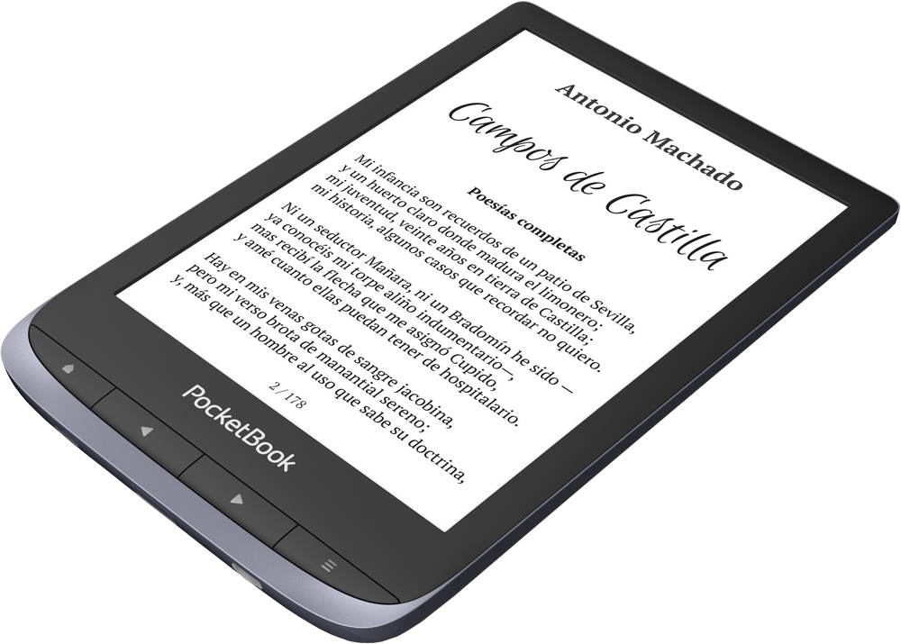 Lector electrónico que muestra un poema en español. Muestra un dispositivo PocketBook con texto en pantalla.