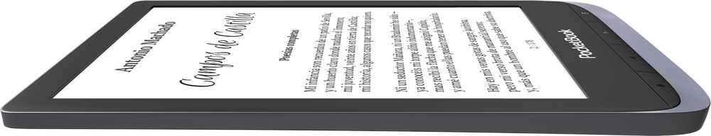 Un lector electrónico que muestra un libro con texto en español. El dispositivo es negro y tiene un bisel gris.