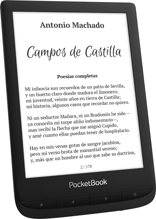 Un lector de libros electrónicos PocketBook que muestra un poema en español. Negro con pantalla táctil y botones físicos.