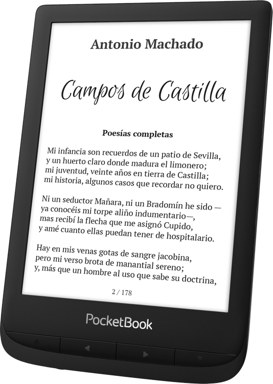 Lector electrónico negro con texto en pantalla. Título: Campos de Castilla. Autor: Antonio Machado.