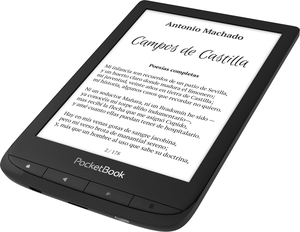 Lector electrónico que muestra un poema de Antonio Machado. Dispositivo negro, texto blanco en pantalla.