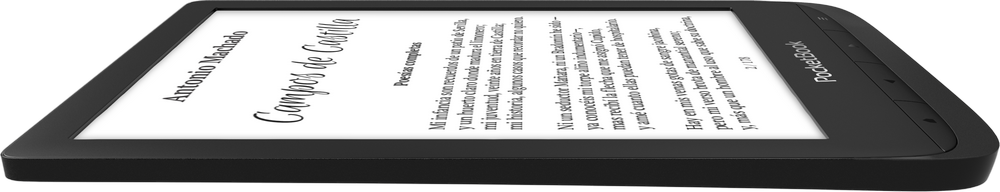 Lector electrónico negro con texto en pantalla, apoyado sobre una superficie, vista lateral.