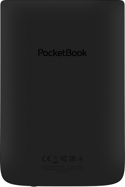 Parte trasera negra del lector de libros electrónicos PocketBook. Con el logotipo de PocketBook, número de modelo e información reglamentaria.