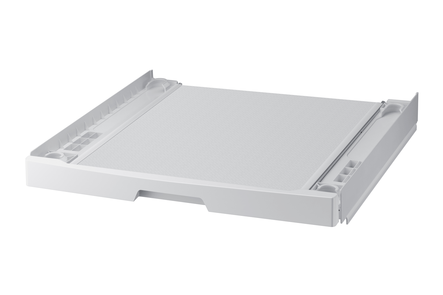 White, plastic washing machine stand with a textured surface.