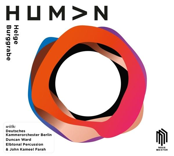 Albumcover mit abstrakten, farbenfrohen Formen und Text. Das Wort 'HUM<gt/>N' ist deutlich zu sehen.