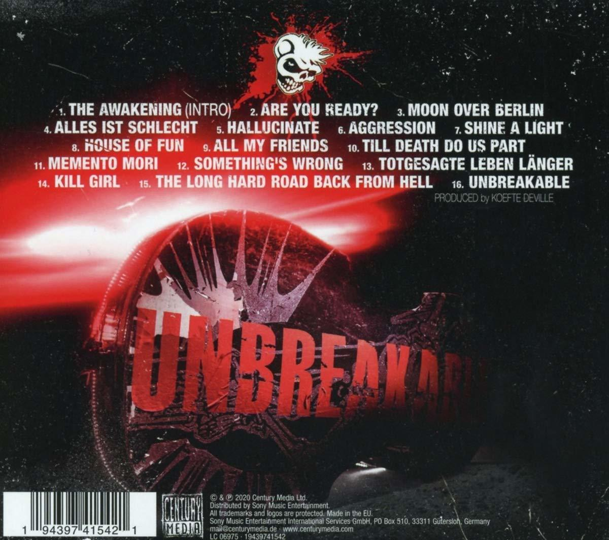 CD-Cover mit rotem, schwarzem und weißem Design. Es hat einen Totenkopf und Songtitel.