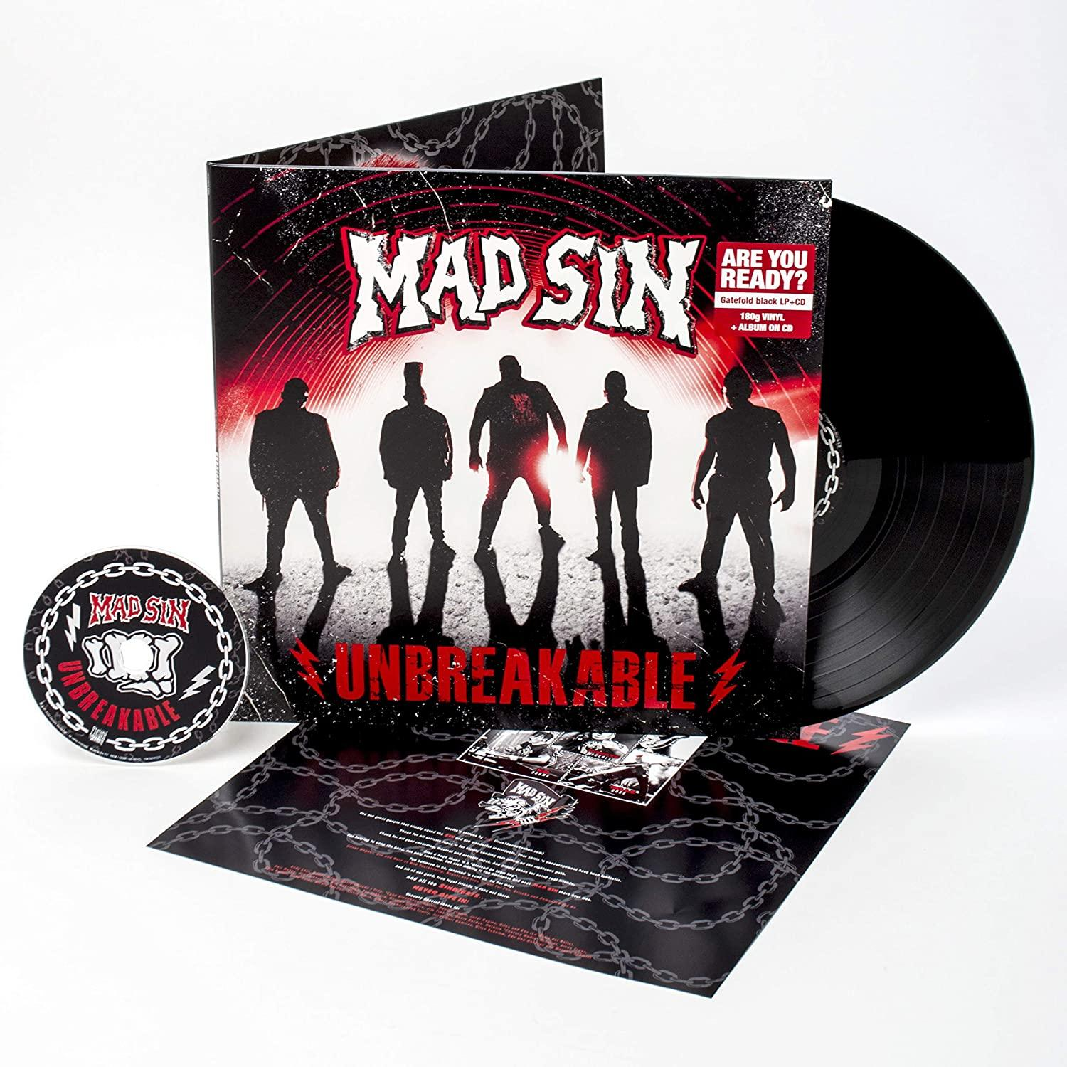 Albumcover einer Schallplatte, Mad Sin - Unbreakable. Bandmitglieder im Schatten.