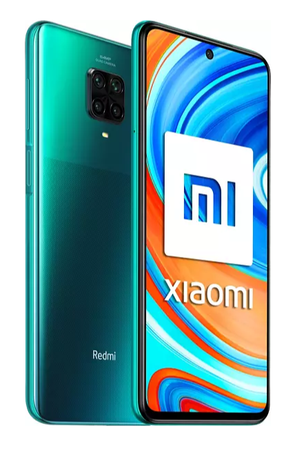Un teléfono Xiaomi verde con cámaras duales, el logotipo de la marca y una pantalla brillante.