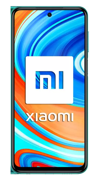 Teléfono Xiaomi con un logotipo blanco sobre un fondo azul y naranja. Fondo blanco.