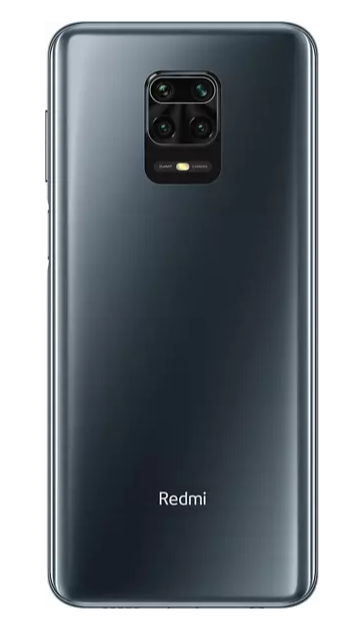 Un teléfono negro con triple cámara y la palabra 'Redmi' en la parte trasera, sobre un fondo blanco.