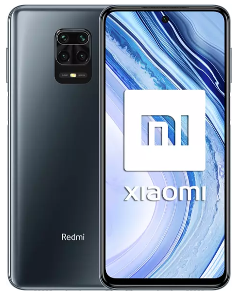 Un smartphone gris con el logo de Xiaomi en la pantalla. La parte trasera tiene una cámara y el logo Redmi.