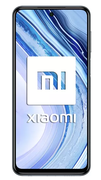 Smartphone Xiaomi con logo blanco sobre fondo degradado azul.