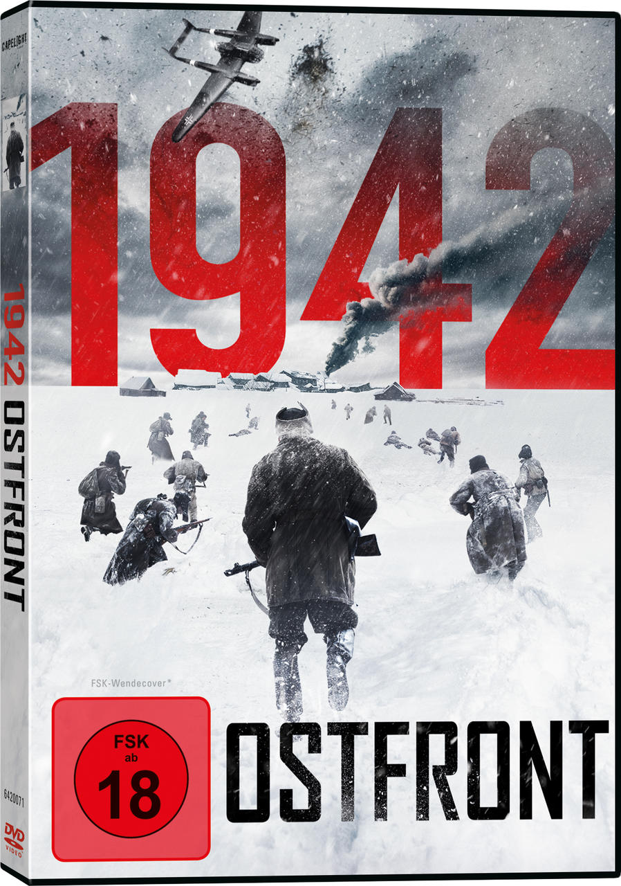 DVD-Cover mit Schneelandschaft und Soldaten, die rennen. Der Titel lautet '1942 Ostfront' in großem, rotem Text.
