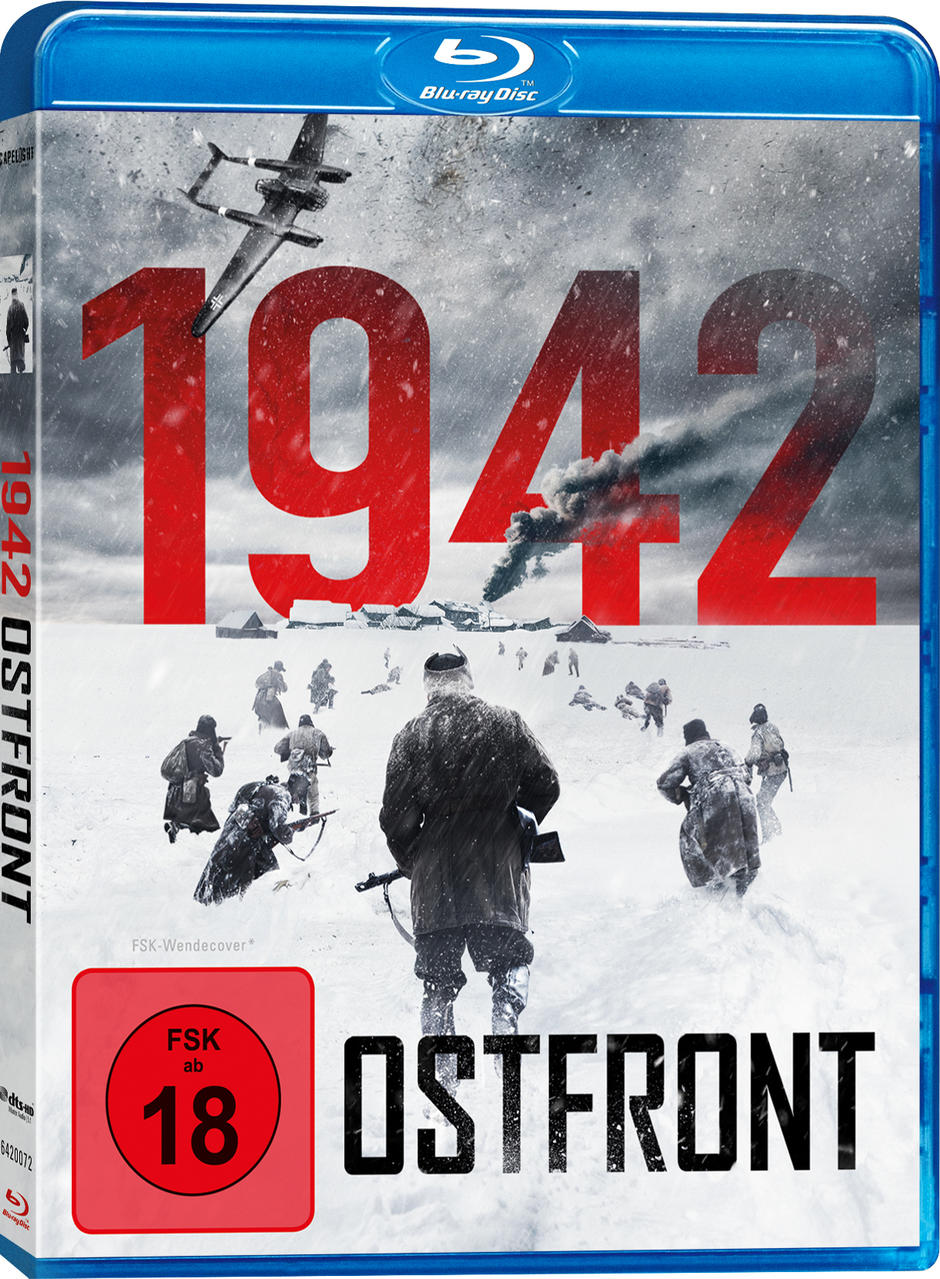 Blu-ray-Cover für '1942 Ostfront' mit Soldaten in einer verschneiten Landschaft.
