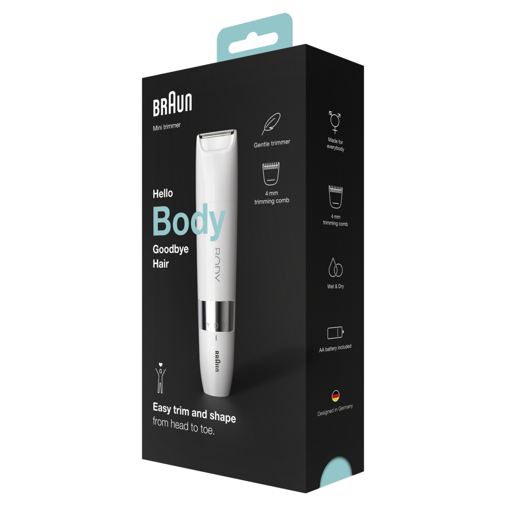 Verpackung für einen Braun Mini Trimmer. Es hat ein Bild des Trimmers, Text und Icons, die Funktionen anzeigen.